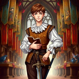 A young aristocrat with brown hair, styled in a Renaissance fashion, standing confidently in a vibrant Dungeons & Dragons setting