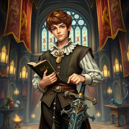 A young aristocrat with brown hair, styled in a Renaissance fashion, standing confidently in a vibrant Dungeons & Dragons setting