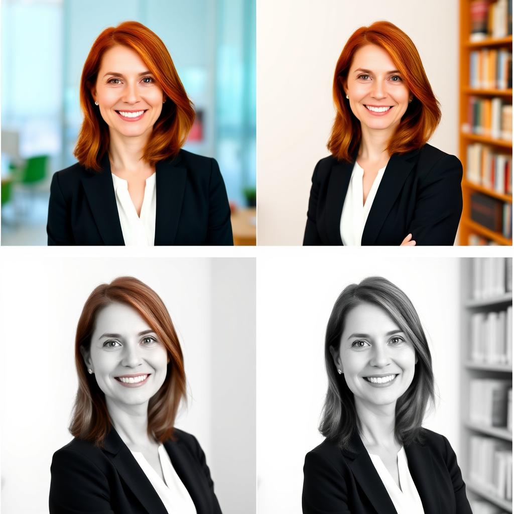 A series of alternative LinkedIn profile pictures for a woman with medium-length chestnut hair, who is a psychologist and educational manager