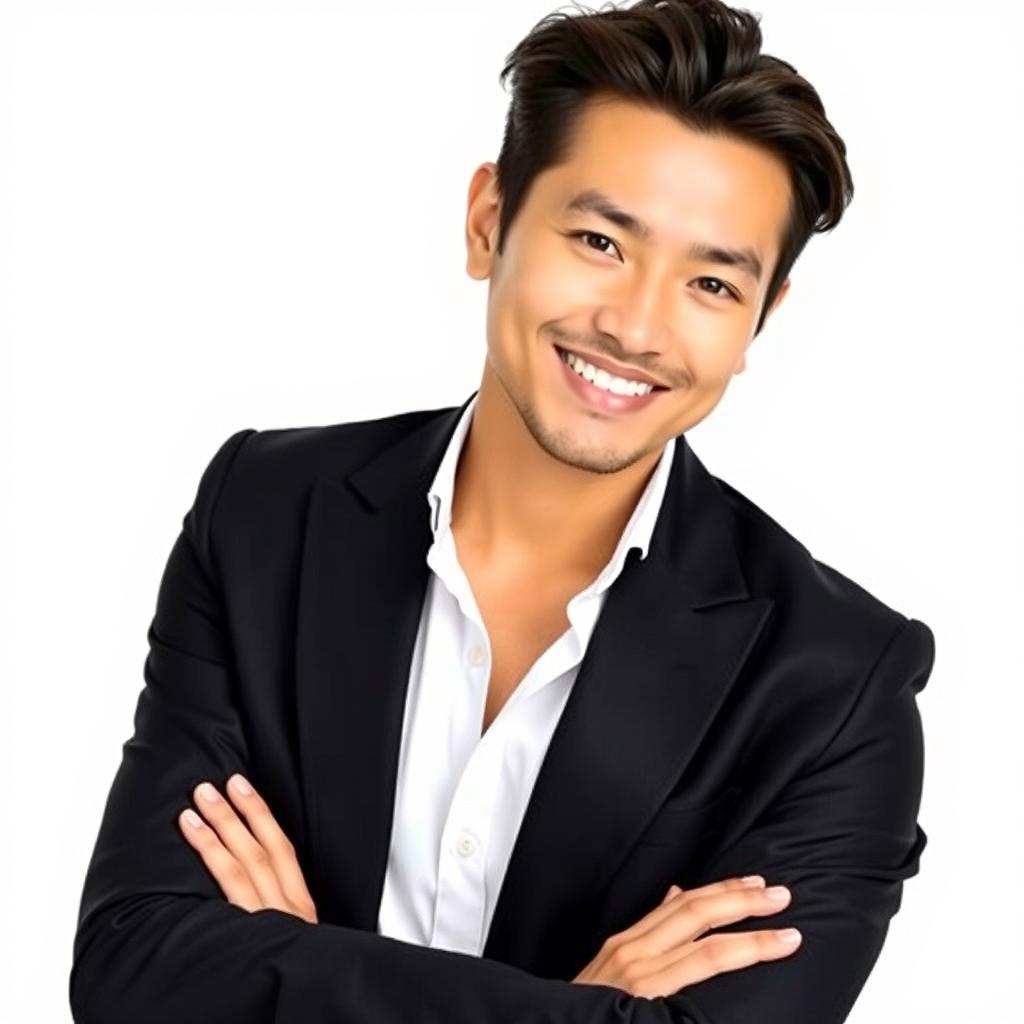 A stylish adult model posing confidently, wearing a white inner shirt underneath a sleek black blazer