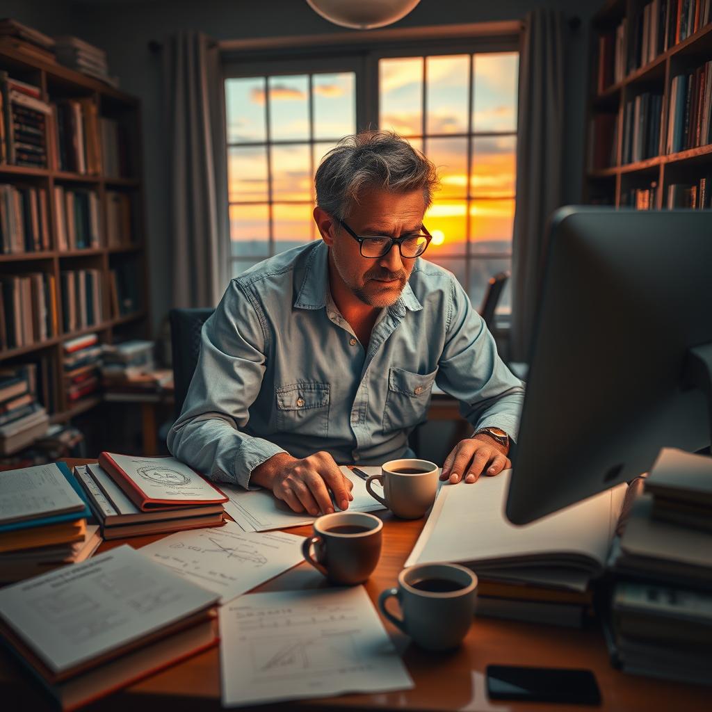 A visually striking representation of a genius at work, depicted as an intense focus on a desk cluttered with books, papers, and a glowing computer screen