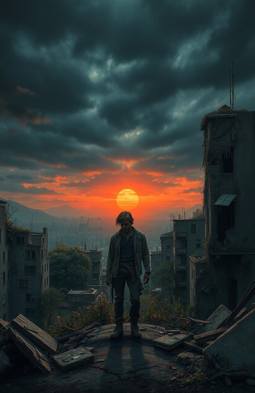 A dystopian scene illustrating the final human, surrounded by decaying cities and remnants of civilization