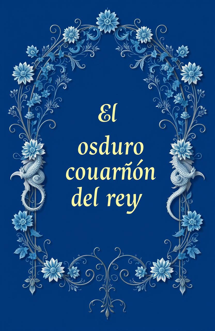 A blue background featuring blue and white floral arches adorned with intricate designs of dragons