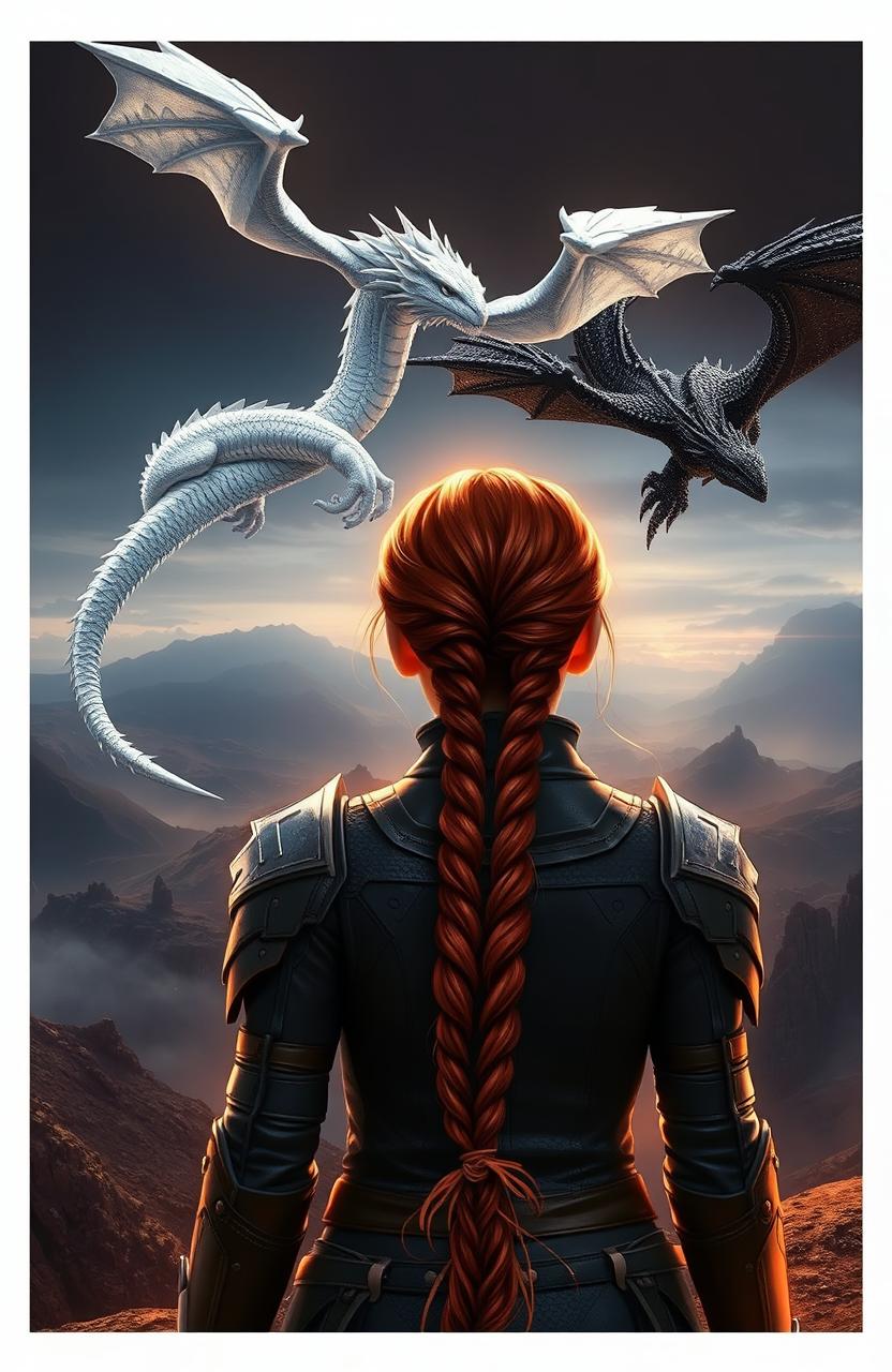 A stunning image of a girl seen from behind, wearing a combat suit, with long braided red hair