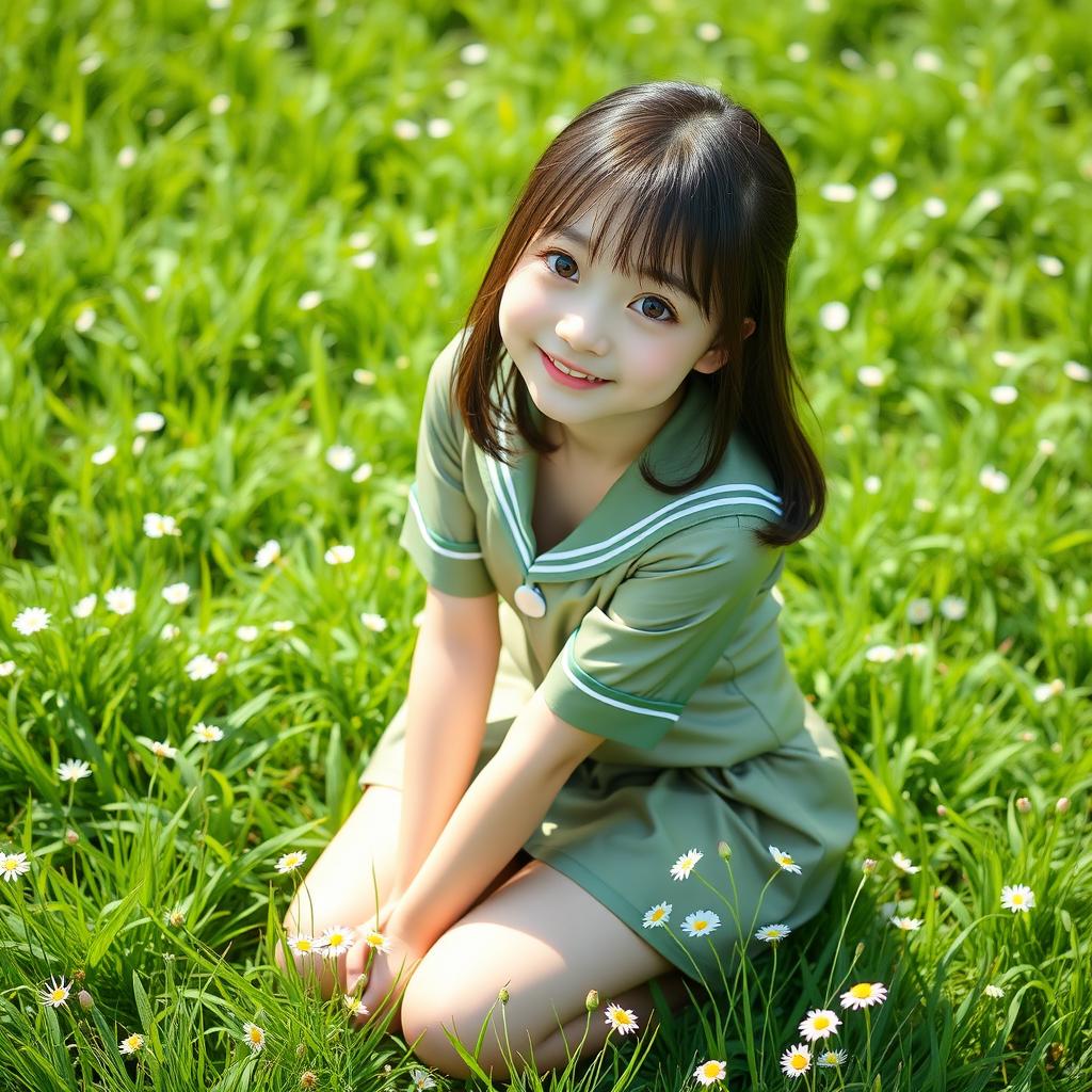 A charming and adorable Japanese high school girl with a sweet smile, wearing a shiny satin short school uniform, squatting gracefully on a lush, vibrant green grass field