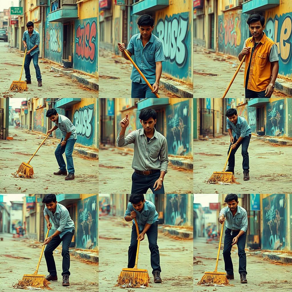 A series of 10 images showcasing a determined individual dressed in various outfits while sweeping dirty streets