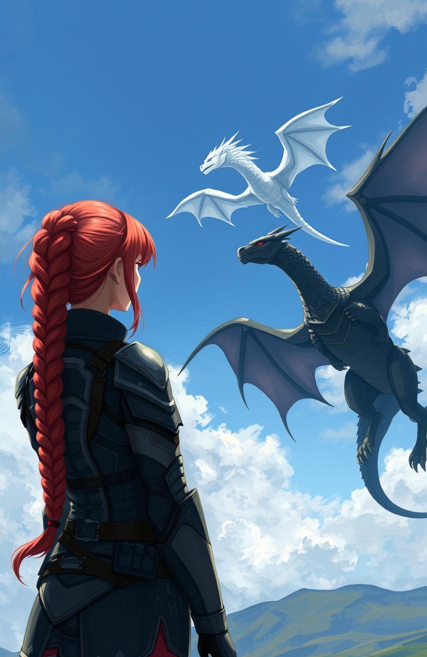 A digital painting featuring a girl seen from the back, wearing a combat suit with intricate details