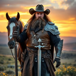 A rugged cowboy knight in his 40s, sporting a large, bushy beard and long flowing hair