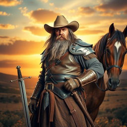 A rugged cowboy knight in his 40s, sporting a large, bushy beard and long flowing hair