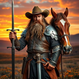 A rugged cowboy knight in his 40s, sporting a large, bushy beard and long flowing hair