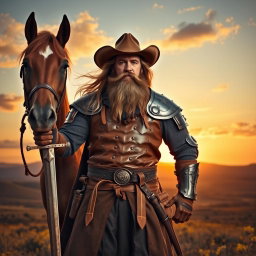 A rugged cowboy knight in his 40s, sporting a large, bushy beard and long flowing hair