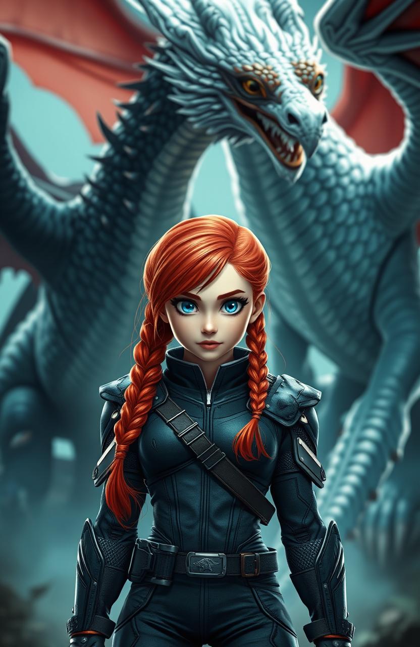 A girl wearing a combat suit with braided red hair and bright blue eyes, standing confidently in the foreground