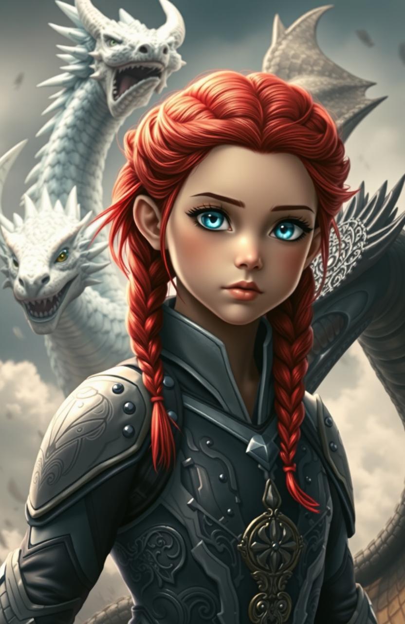 A girl in a combat suit with intricate designs, featuring vibrant red braided hair and striking blue eyes