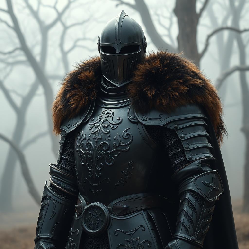 A powerful knight adorned in sleek, black full plate armor that glimmers subtly under a soft light