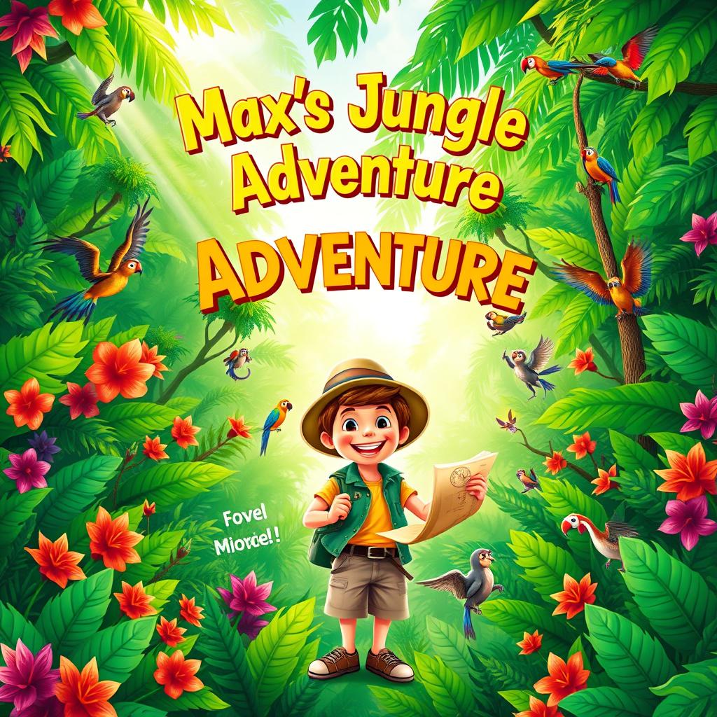 A vibrant and exciting book cover for a novel titled 'Max's Jungle Adventure'