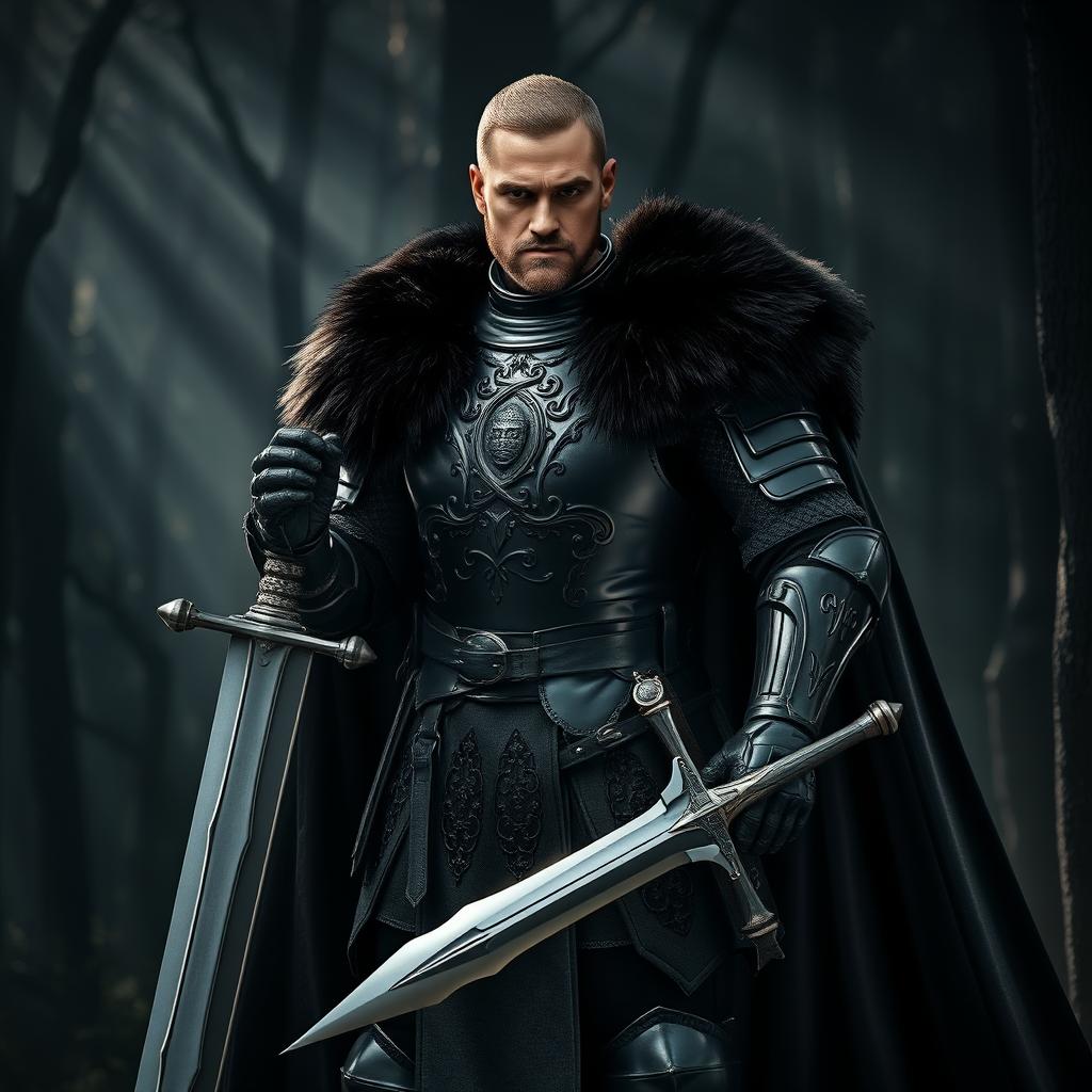 A powerful knight dressed in sleek black full plate armor, adorned with intricate patterns, stands confidently