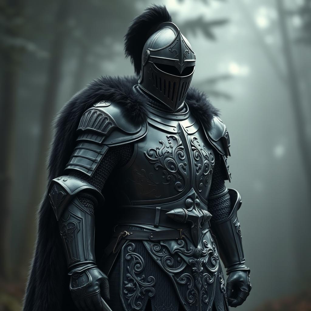 A valiant knight clad in a shimmering black full plate armor, standing proudly