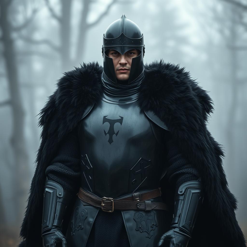 A knight clad in sleek, black full plate armor without any decorations or ornaments, exuding an aura of mystery and strength