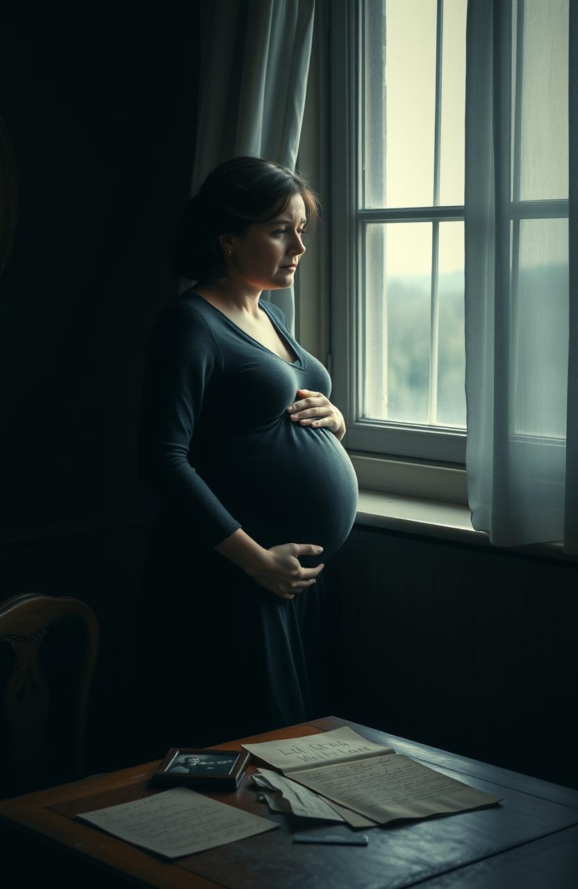 A poignant, emotional scene depicting a pregnant woman standing by a window, gazing out with a look of concern and sadness on her face, her hand resting on her belly