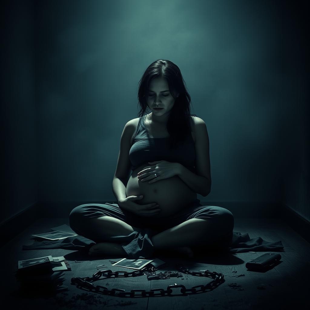 An evocative, haunting scene of a pregnant woman sitting on the floor in a dim, dark chamber, her expression filled with anguish and despair