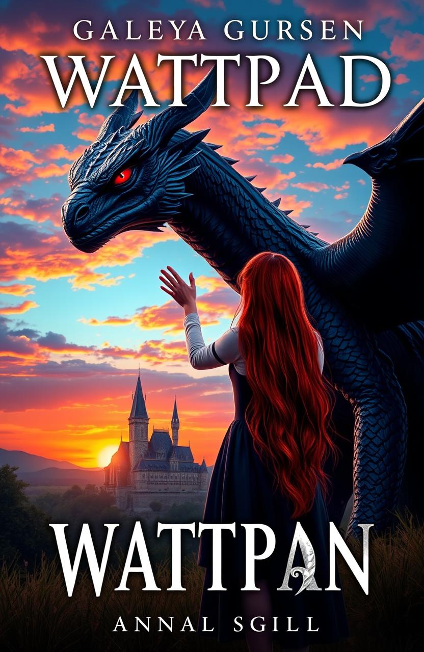 A captivating Wattpad book cover featuring a girl with long red hair, standing with her back to the viewer as she gently touches a majestic black dragon with glowing red eyes