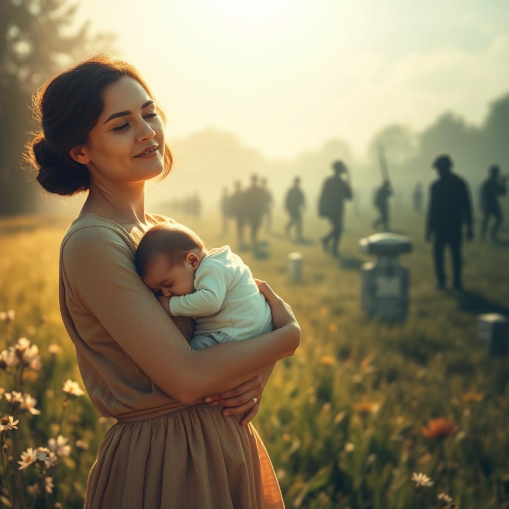 A serene yet unsettling scene of a woman holding her infant close to her chest, standing in a sunlit field