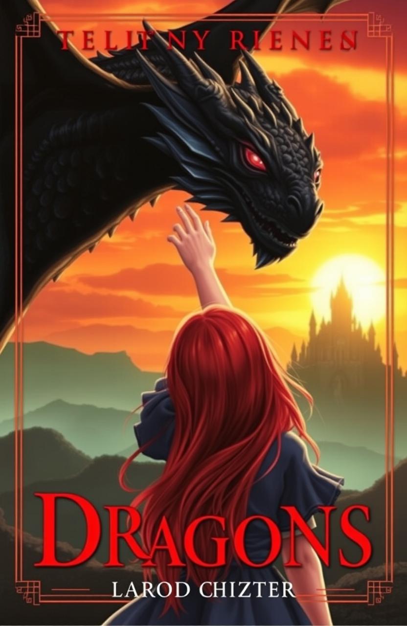 A book cover featuring a girl with red hair seen from behind, gently reaching out to touch a majestic black dragon with glowing red eyes