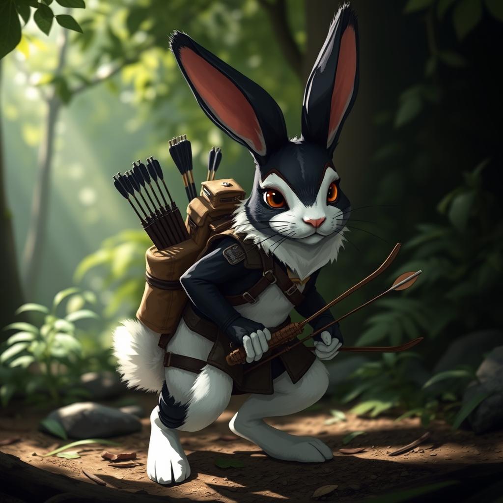 A tuxedo fur rabbitfolk scout, depicted with sleek black and white fur, wearing a lightweight leather tactical outfit designed for agility and stealth