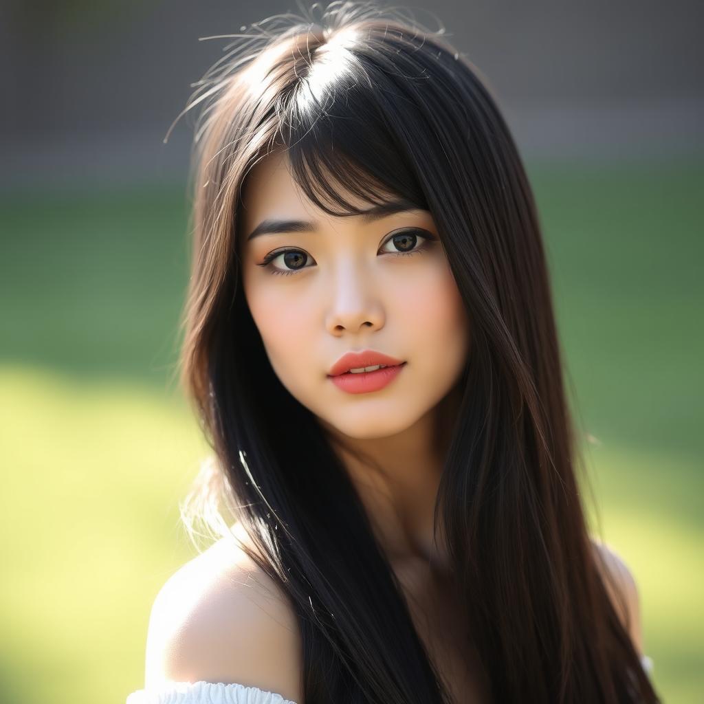 A 25-year-old woman with long, bright black hair flowing down her shoulders
