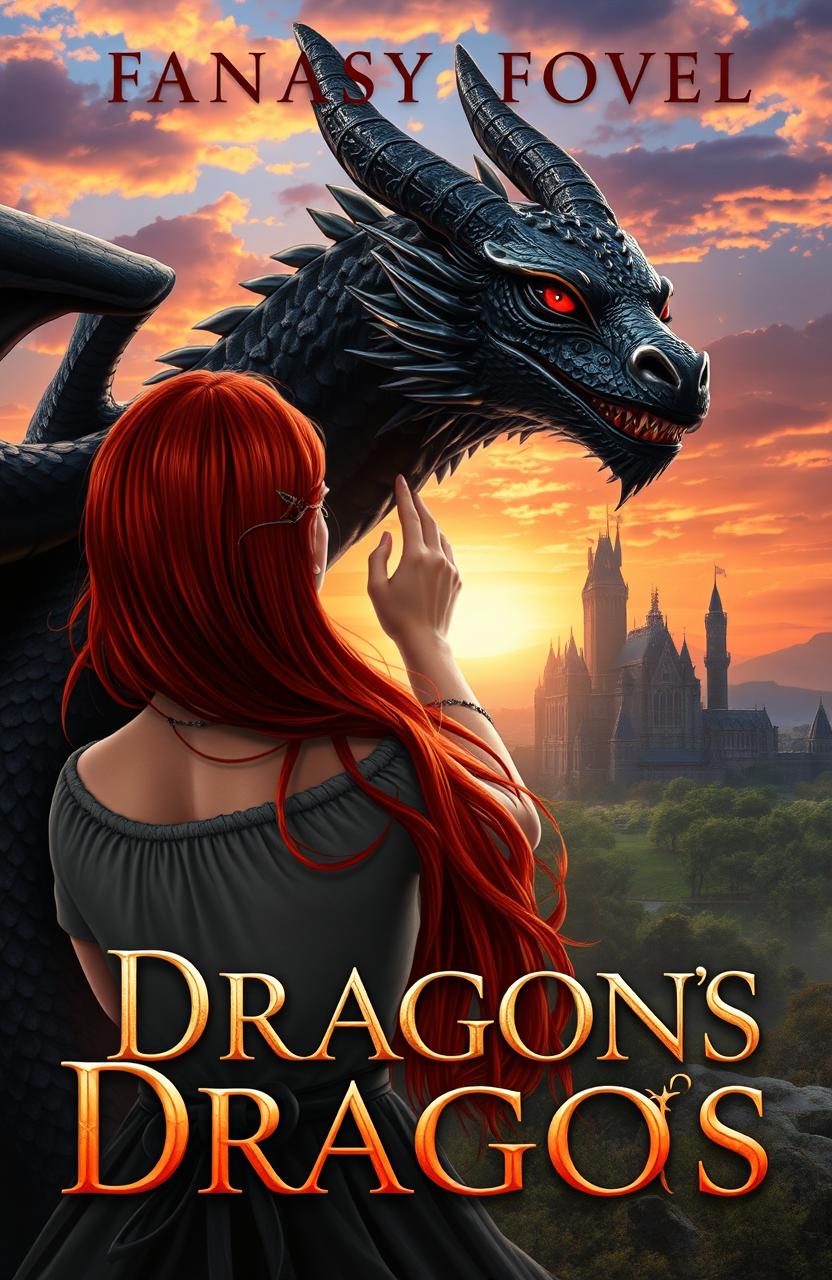 A fantasy book cover featuring a girl with red hair viewed from behind, gently touching a majestic black dragon with striking red eyes