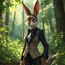 A stylish female rabbitfolk scout dressed in an elegant tuxedo, with sleek fur and sharp features