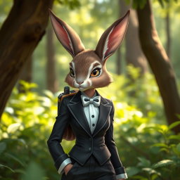A stylish female rabbitfolk scout dressed in an elegant tuxedo, with sleek fur and sharp features