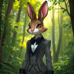 A stylish female rabbitfolk scout dressed in an elegant tuxedo, with sleek fur and sharp features