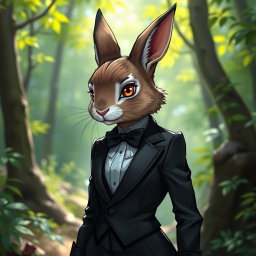 A stylish female rabbitfolk scout dressed in an elegant tuxedo, with sleek fur and sharp features