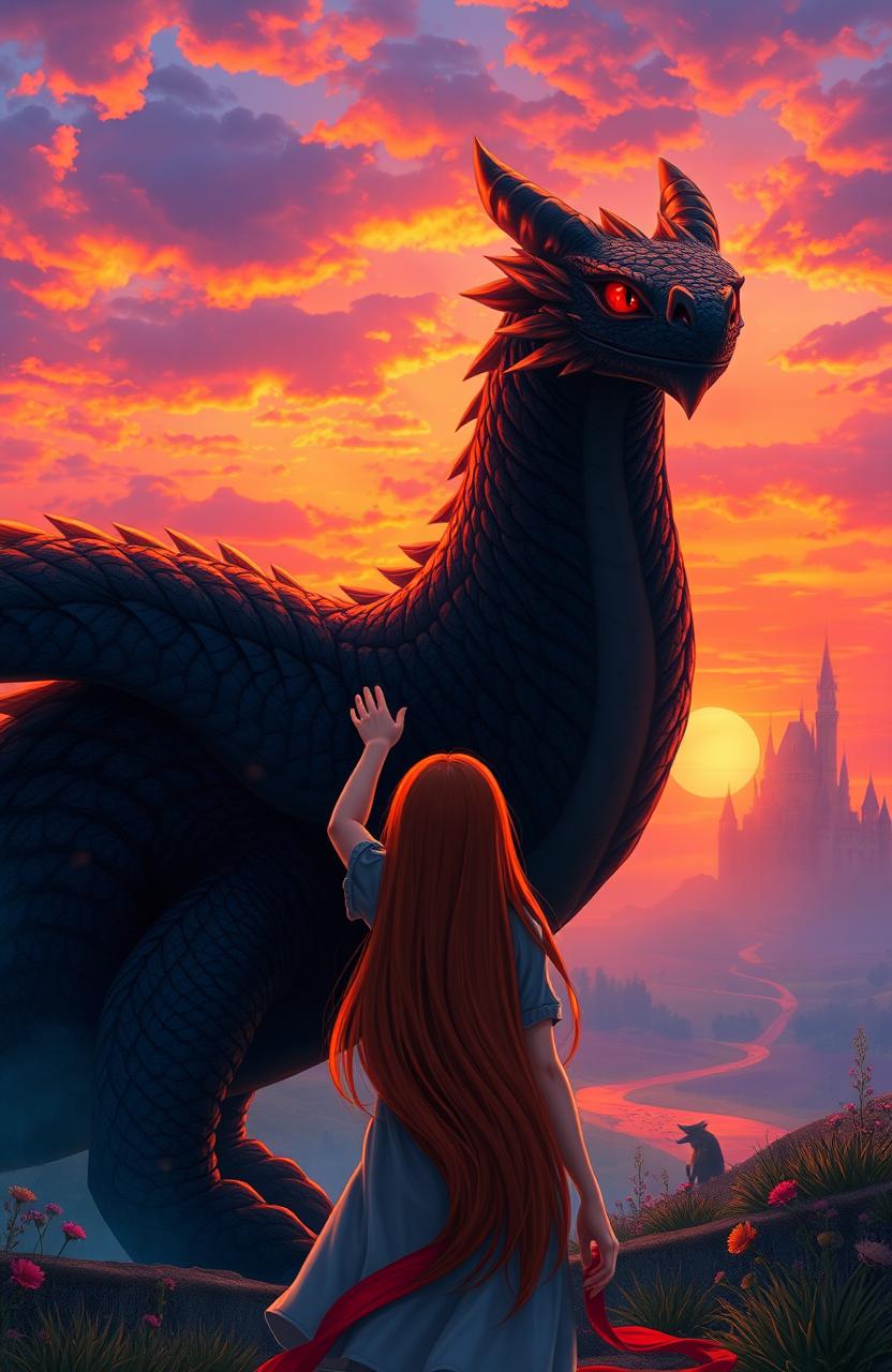 A girl with long red hair standing with her back towards the viewer, gently touching a magnificent black dragon with striking red eyes