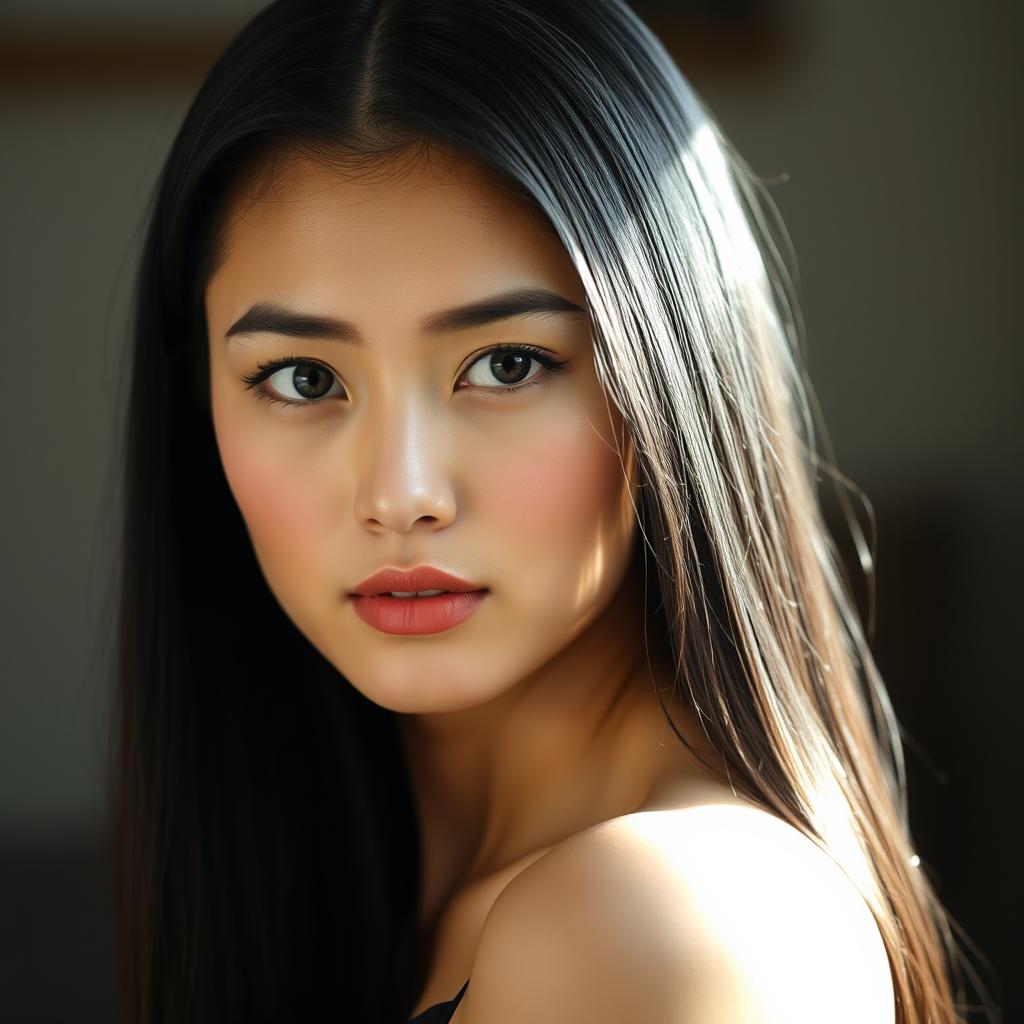 A 25-year-old European woman with long, bright black hair cascading elegantly down her back