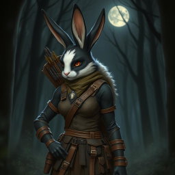 A striking black and white fur female rabbitfolk scout, featuring prominent long rabbit ears and sharp, attentive eyes