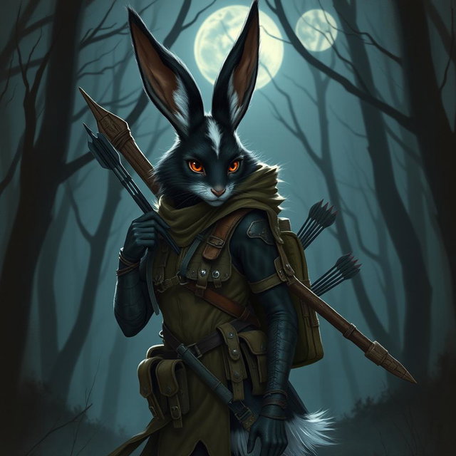 A striking black and white fur female rabbitfolk scout, featuring prominent long rabbit ears and sharp, attentive eyes