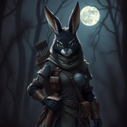 A striking black and white fur female rabbitfolk scout, featuring prominent long rabbit ears and sharp, attentive eyes