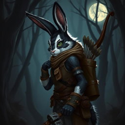 A striking black and white fur female rabbitfolk scout, featuring prominent long rabbit ears and sharp, attentive eyes