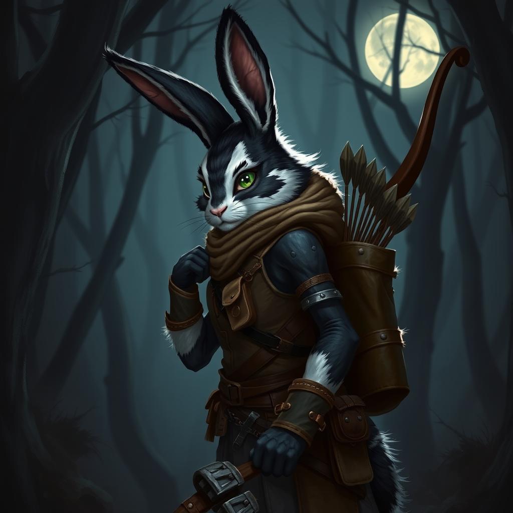A striking black and white fur female rabbitfolk scout, featuring prominent long rabbit ears and sharp, attentive eyes