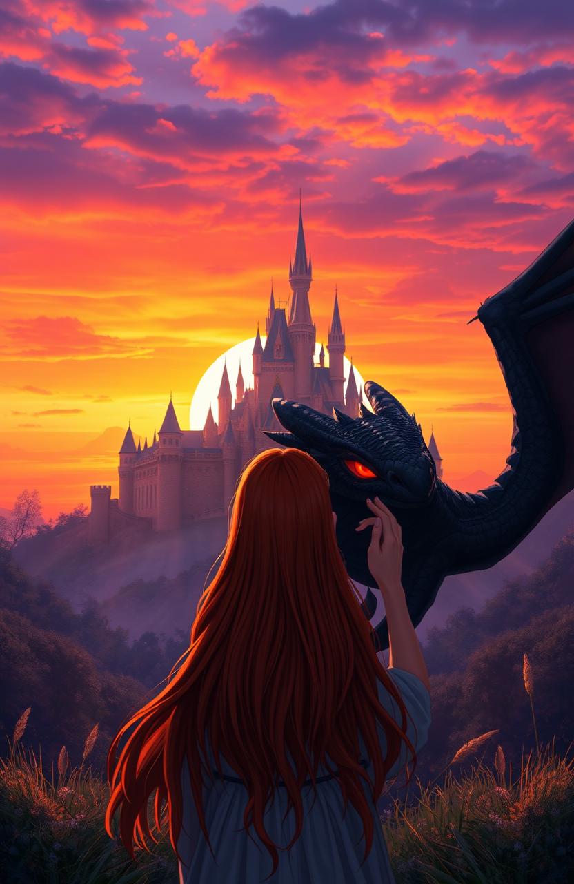 A girl with long red hair, viewed from the back, gently touching a black dragon with glowing red eyes