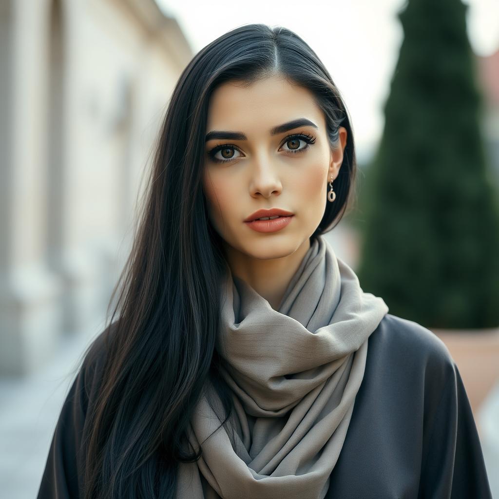 A 25-year-old European woman with long, bright black hair, striking European features, including deep-set black eyes, thin lips, and a slender nose