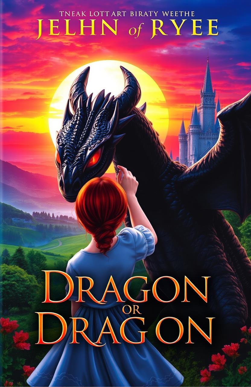 A captivating book cover featuring a girl with red hair seen from behind, gently touching a majestic black dragon with glowing red eyes