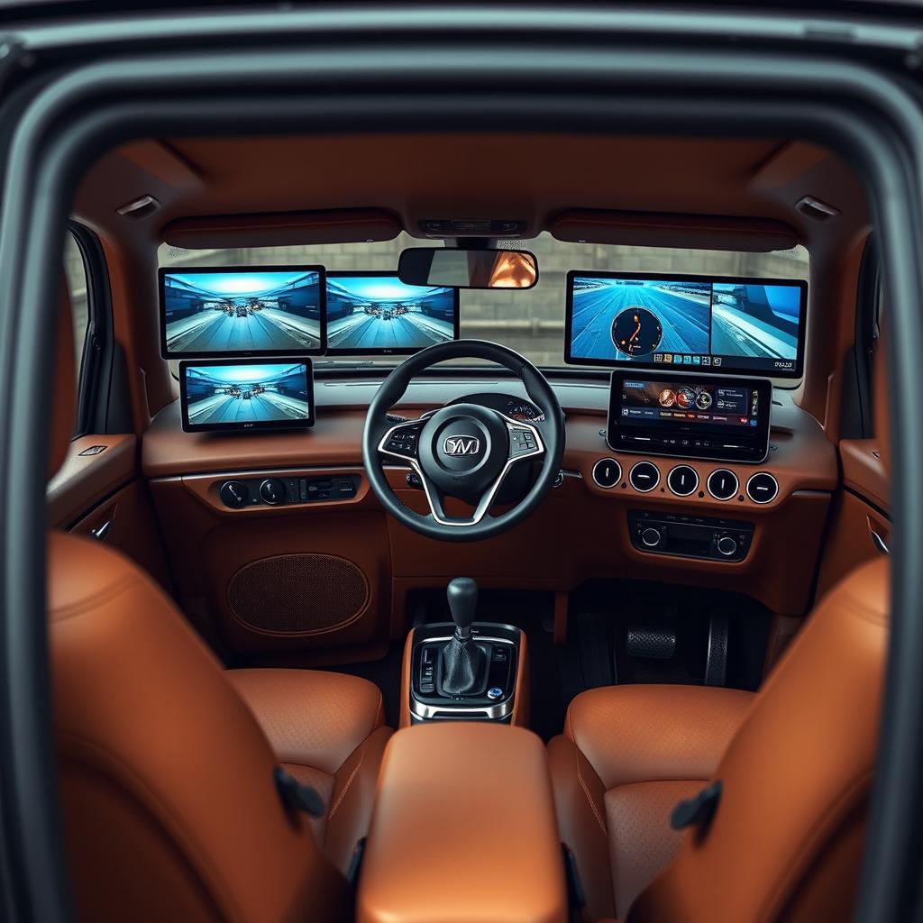 The interior of the Niva of Legends featuring six seven-inch displays arranged seamlessly from edge to edge