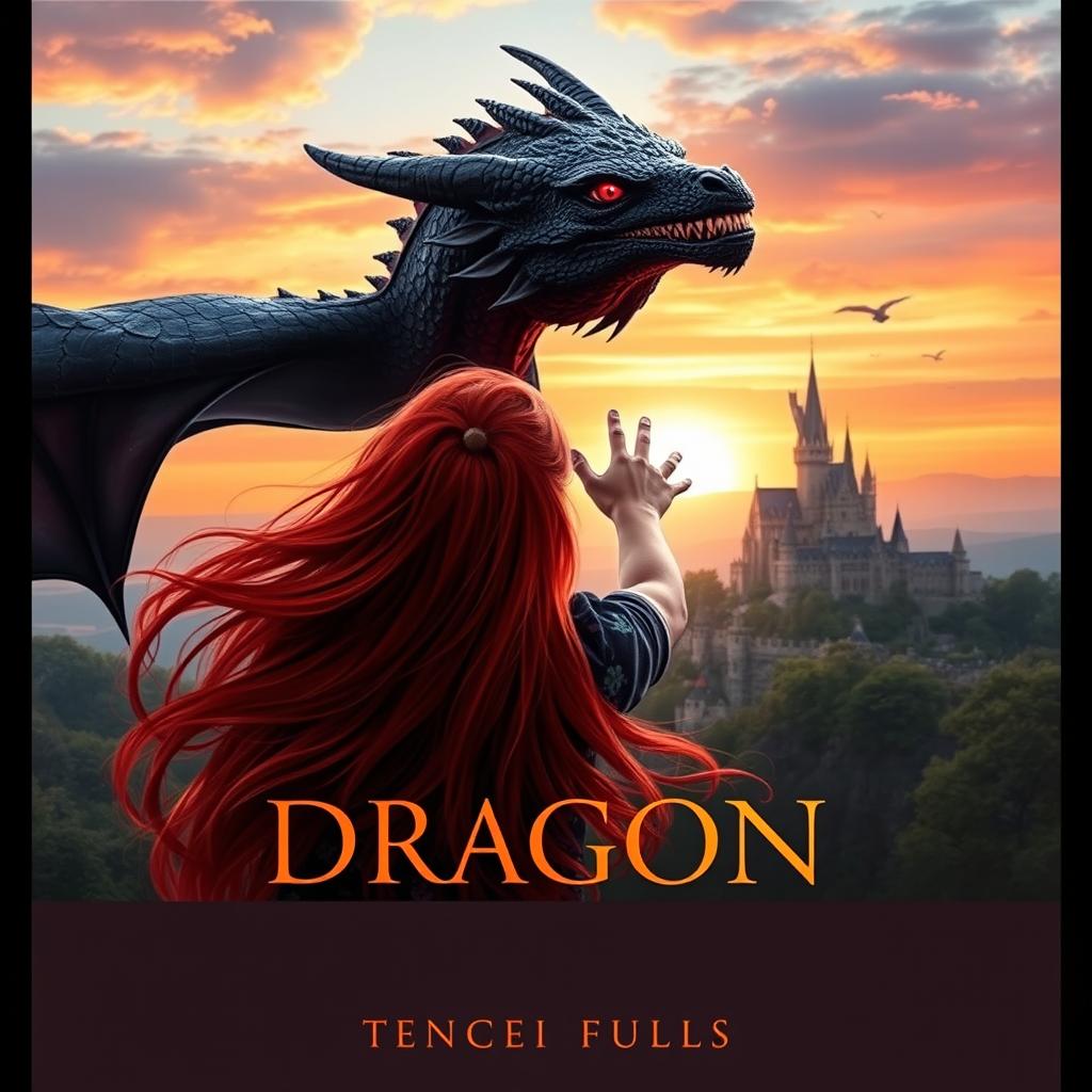 A stunning Wattpad book cover featuring a girl with flowing red hair seen from behind, reaching out to touch a magnificent black dragon with piercing red eyes