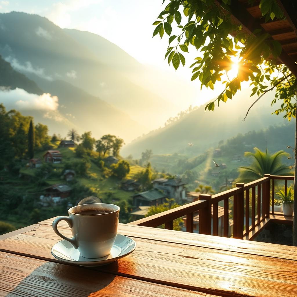 A peaceful morning in a mountain village, surrounded by lush green hills and misty peaks