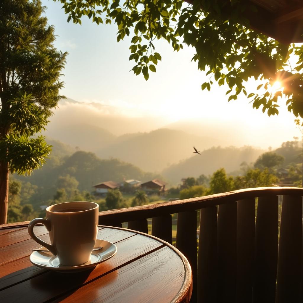 A peaceful morning in a mountain village, surrounded by lush green hills and misty peaks