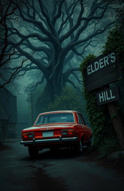 A small, semi-roughed up red car driving into a quaint, eerie town nestled amidst dense woods and nature