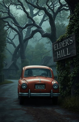 A small, semi-roughed up red car driving into a quaint, eerie town nestled amidst dense woods and nature
